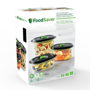 cutie de set de 3 caserole foodsaver pe fundal gri